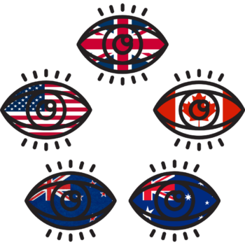 Five Eyes nations flags in the shape of eyes