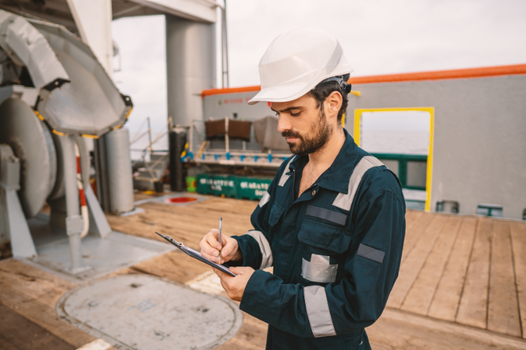 deck officer wearing a white hard hat and blue uniform writing on a clipboard while inspecting the deck of a ship