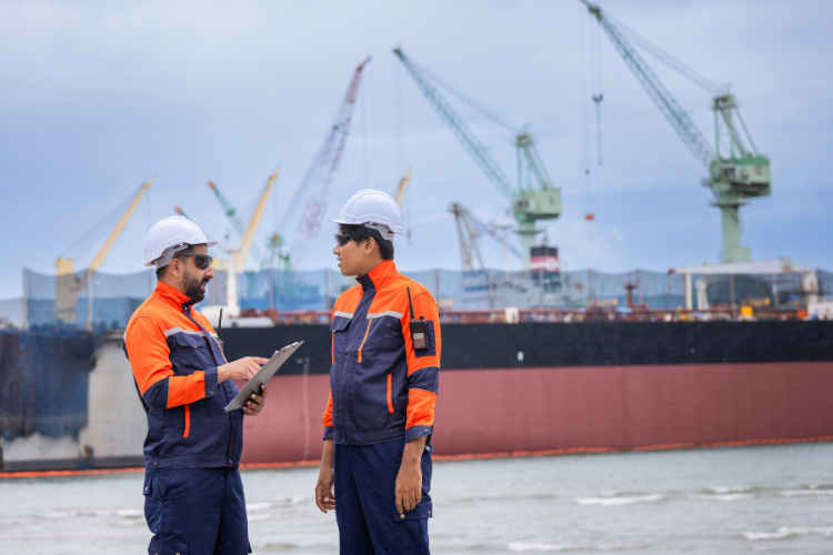 Two shipyard inspectors in white hard hats and blue and orange safety gear reviewing notes on a clipboard with a ship and cranes in the background