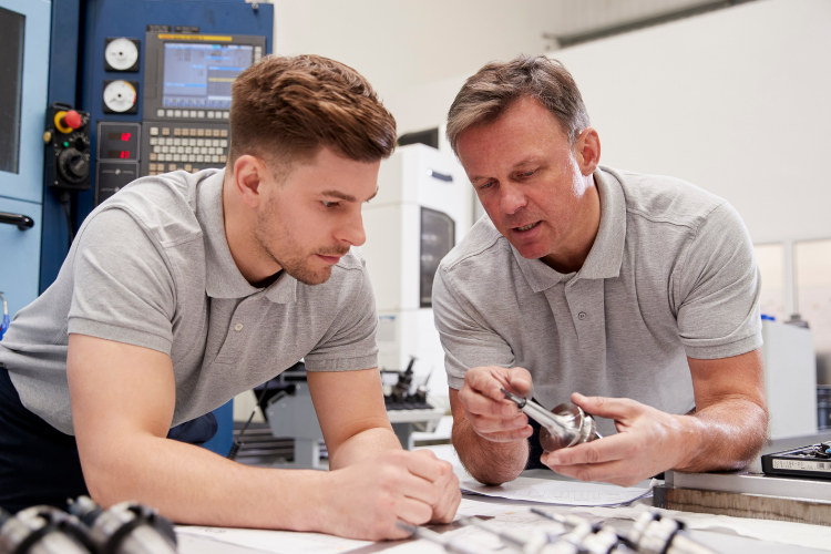 wo machinists in matching gray polo shirts examining a metal tool component and blueprint in a factory workshop