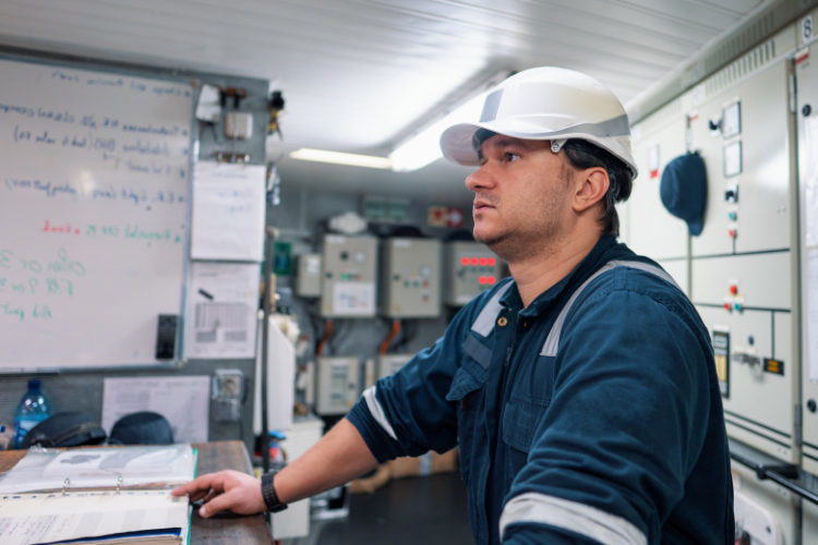 a marine engineer wearing a white hard hat and blue uniform working at a control panel on a ship