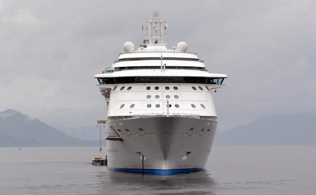 front facing cruise ship at sea